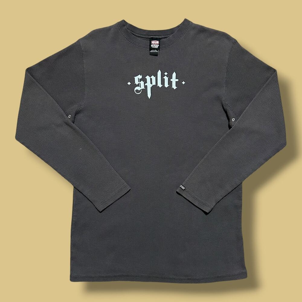 Vintage Split Shirt y2k Skateboarding Thermal Long Sleeve Waffle Knit Tee Gray